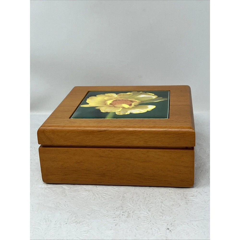 Vintage Flower Tile Top Wooden Jewelry Box Hinged Velvet Lined Marigold Trinket